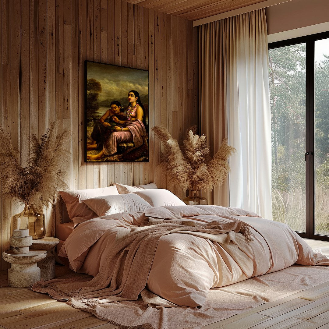 This captivating artwork depicts two serene figures seated by a tranquil riverside, with a gentle for Bedroom