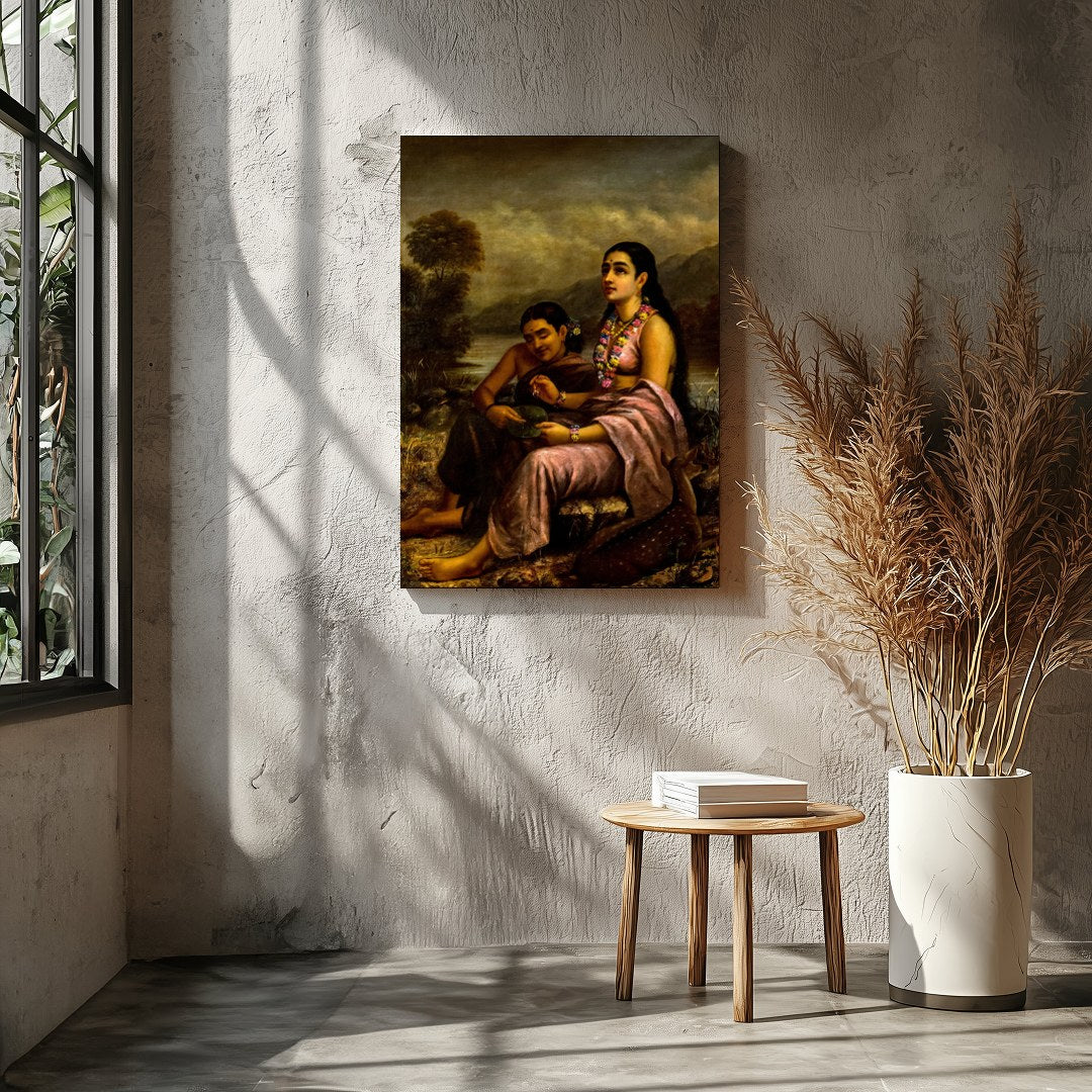 This captivating artwork depicts two serene figures seated by a tranquil riverside, with a gentle for Entrance