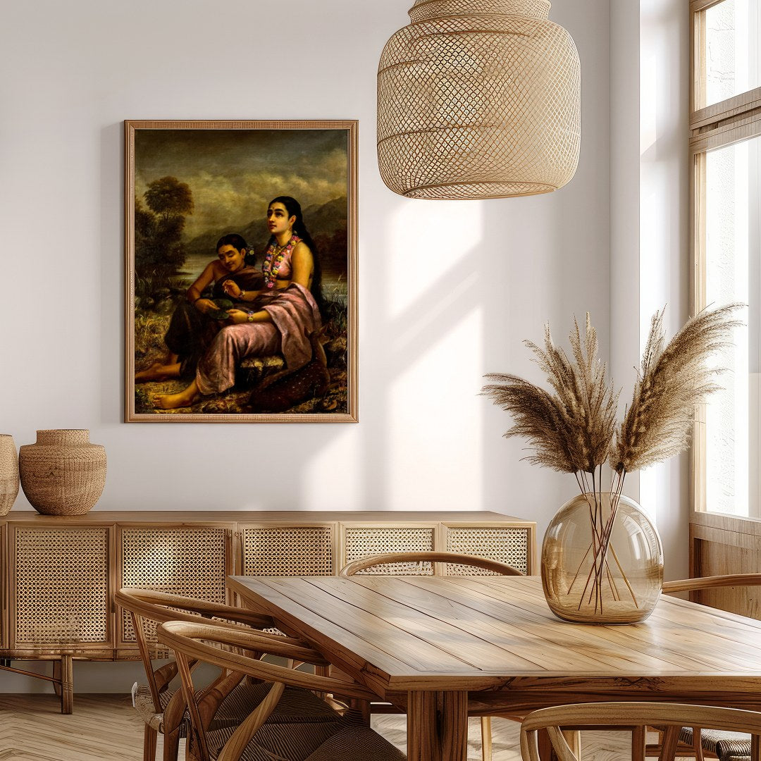 This captivating artwork depicts two serene figures seated by a tranquil riverside, with a gentle for Extra Kitchen