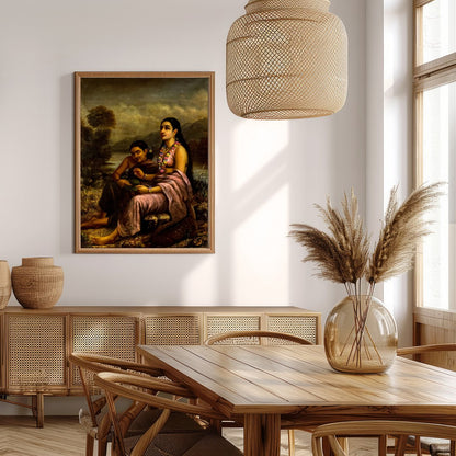 This captivating artwork depicts two serene figures seated by a tranquil riverside, with a gentle for Extra Kitchen