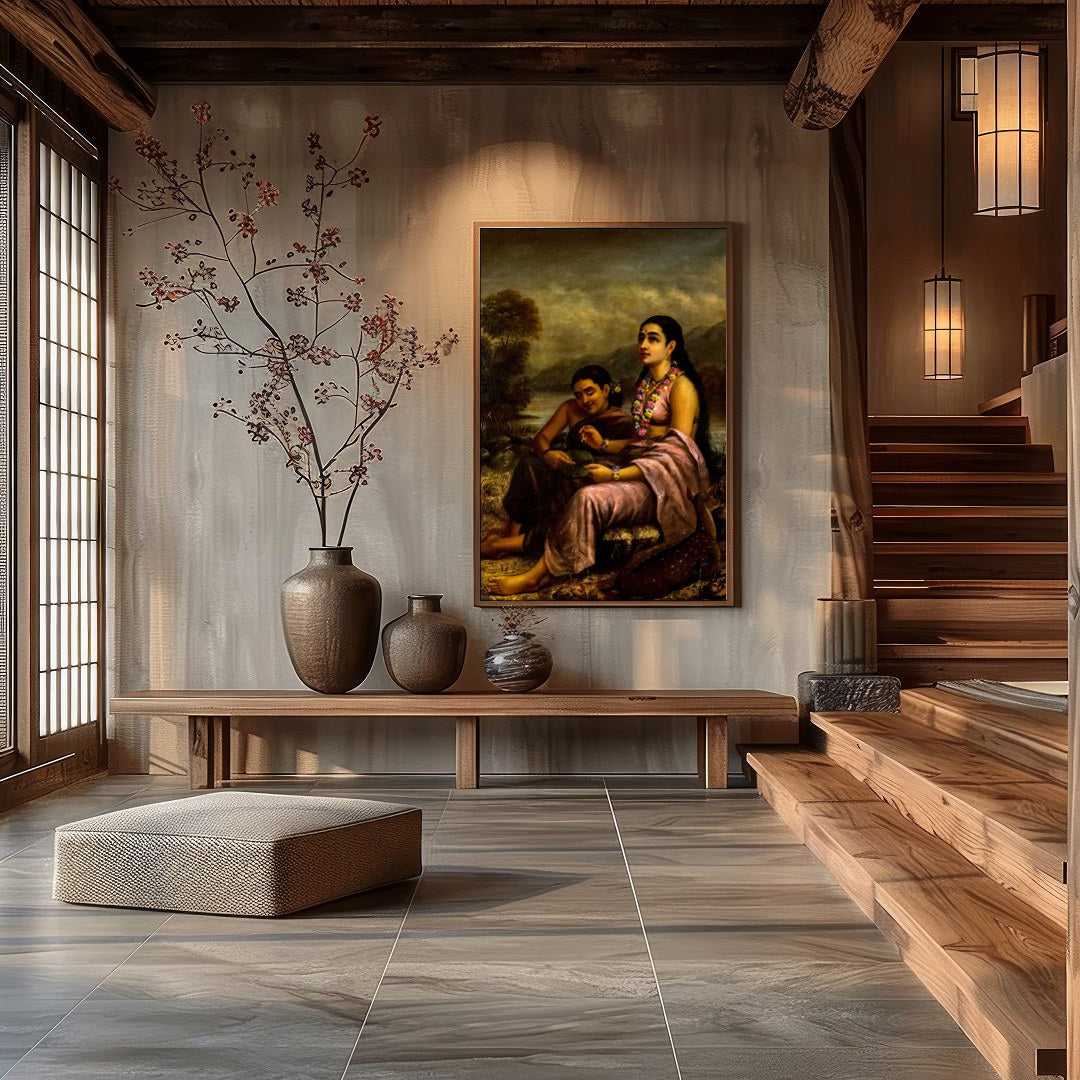This captivating artwork depicts two serene figures seated by a tranquil riverside, with a gentle for Hall