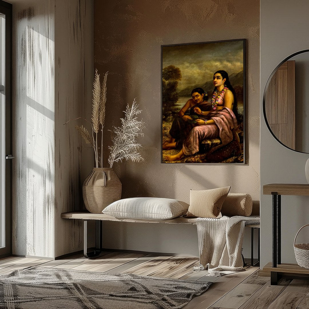 This captivating artwork depicts two serene figures seated by a tranquil riverside, with a gentle for house