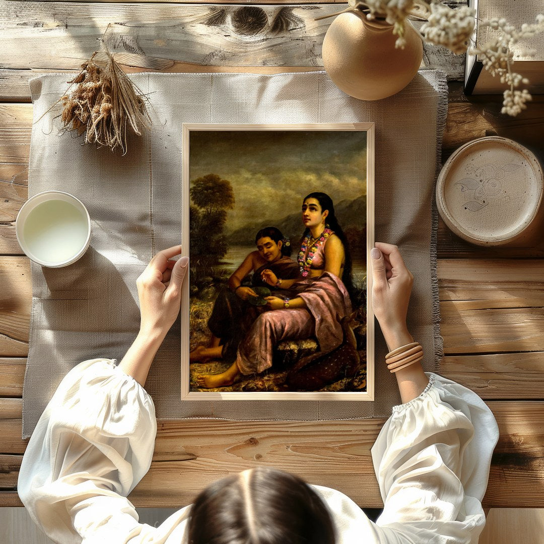 This captivating artwork depicts two serene figures seated by a tranquil riverside, with a gentle for Kitchen