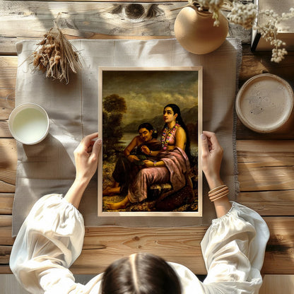 This captivating artwork depicts two serene figures seated by a tranquil riverside, with a gentle for Kitchen