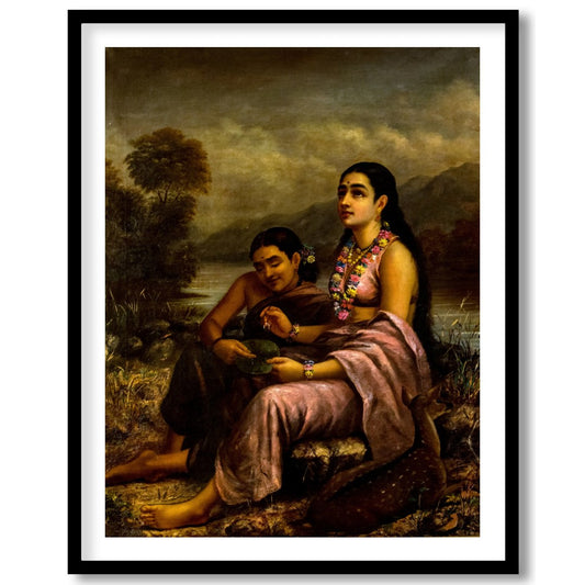 This captivating artwork depicts two serene figures seated by a tranquil riverside, with a gentle for nook