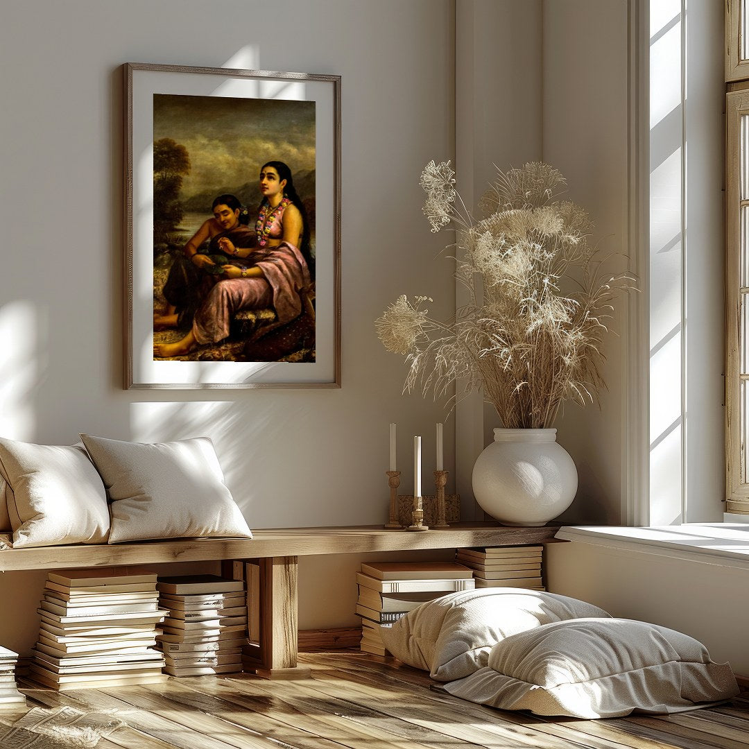 This captivating artwork depicts two serene figures seated by a tranquil riverside, with a gentle for residence