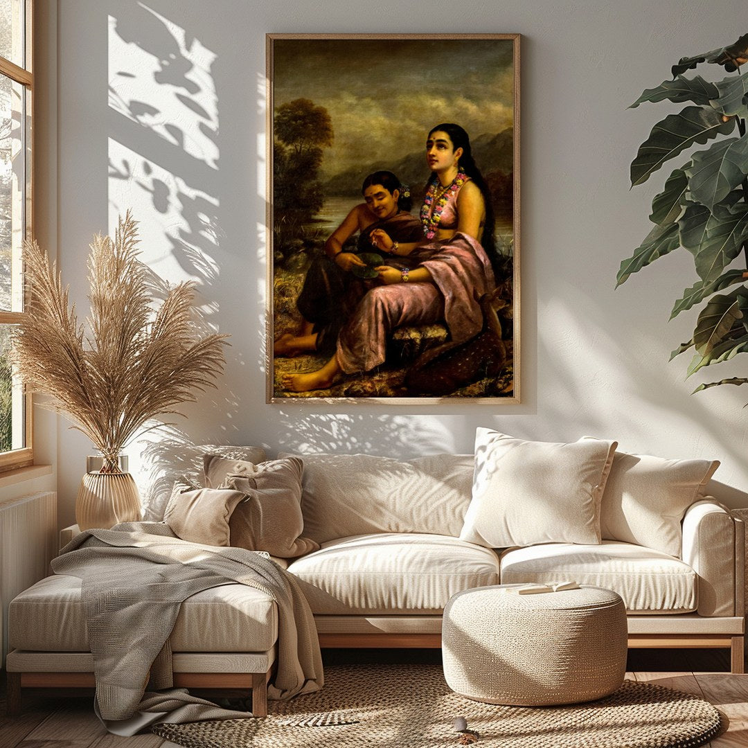 This captivating artwork depicts two serene figures seated by a tranquil riverside, with a gentle for Sitting Area