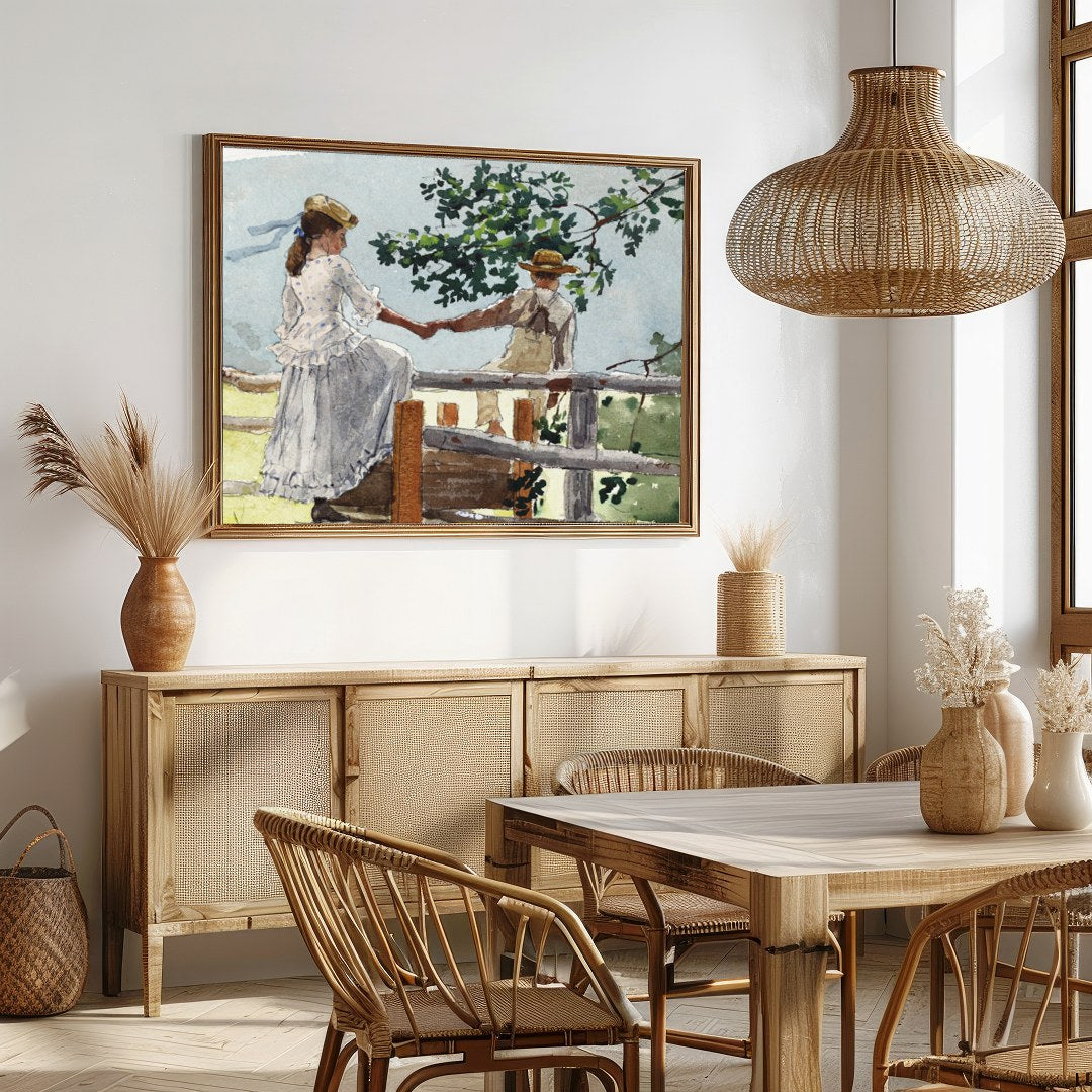 This serene watercolor captures a tender moment between two companions on a rustic fence, enveloped for Dining