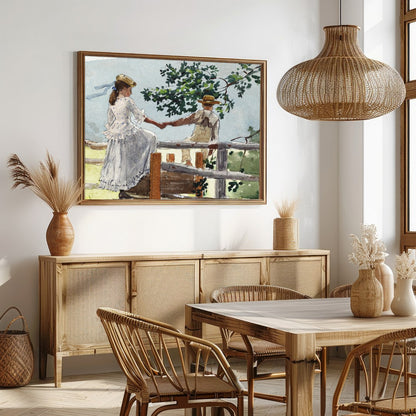 This serene watercolor captures a tender moment between two companions on a rustic fence, enveloped for Dining