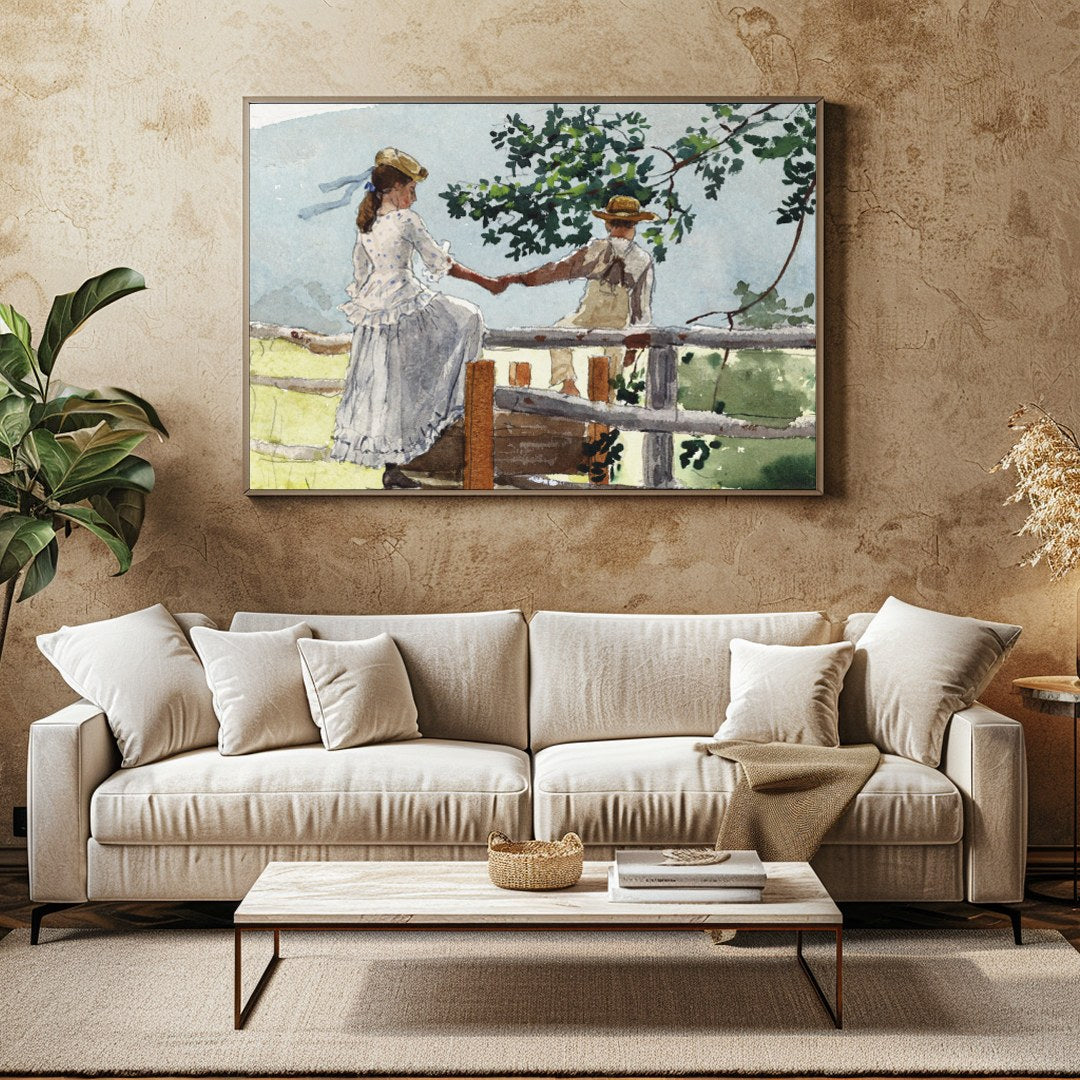 This serene watercolor captures a tender moment between two companions on a rustic fence, enveloped for Family Room