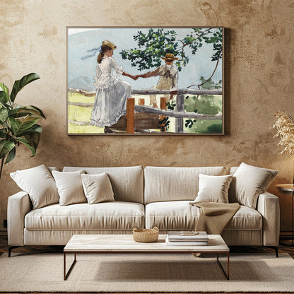 This serene watercolor captures a tender moment between two companions on a rustic fence, enveloped for Family Room