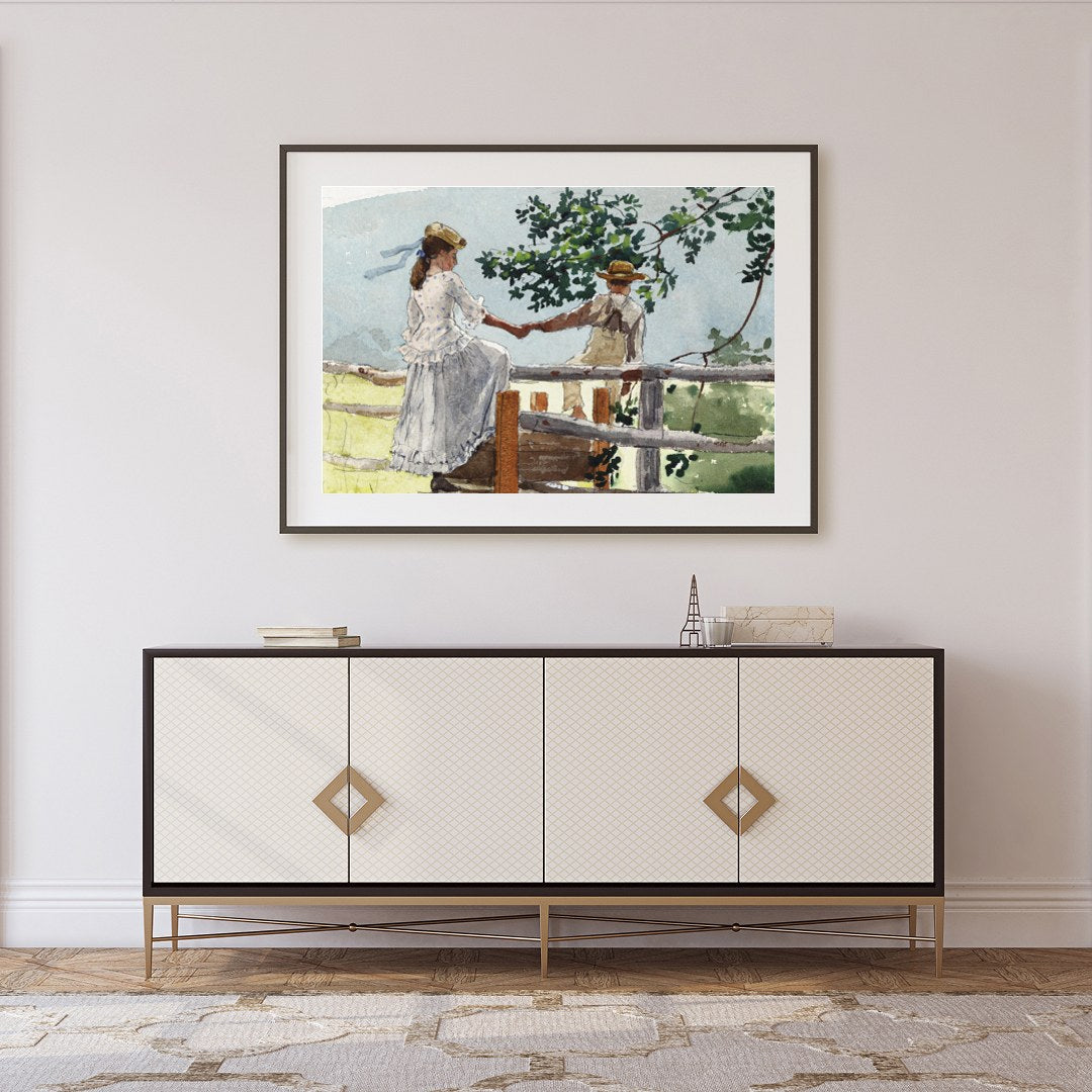This serene watercolor captures a tender moment between two companions on a rustic fence, enveloped for Foyer