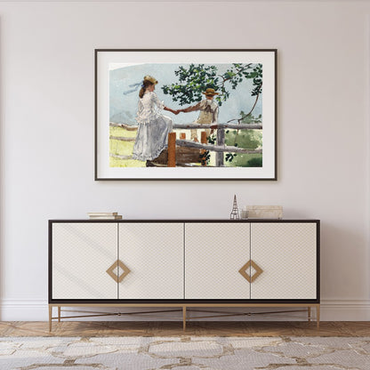 This serene watercolor captures a tender moment between two companions on a rustic fence, enveloped for Foyer