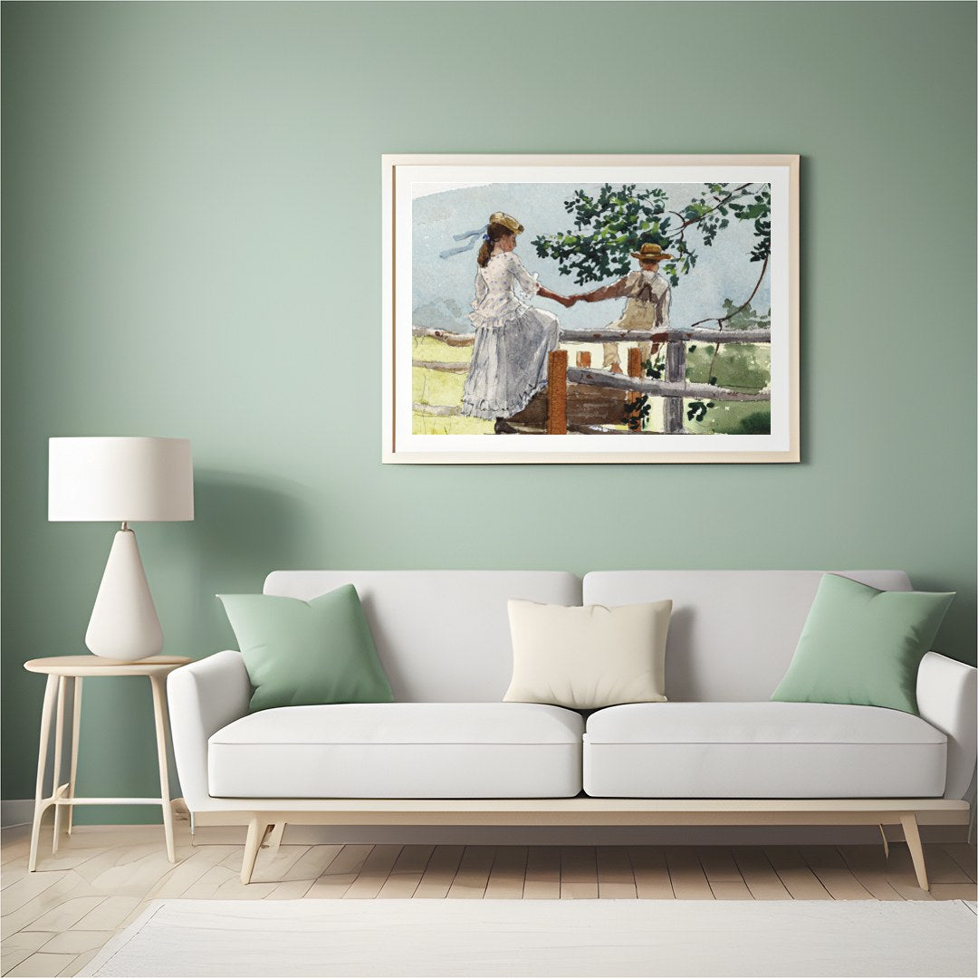 This serene watercolor captures a tender moment between two companions on a rustic fence, enveloped for Hall