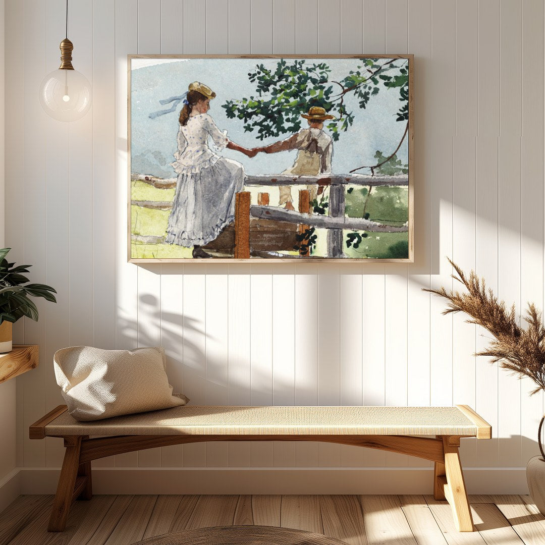 This serene watercolor captures a tender moment between two companions on a rustic fence, enveloped for Hallway