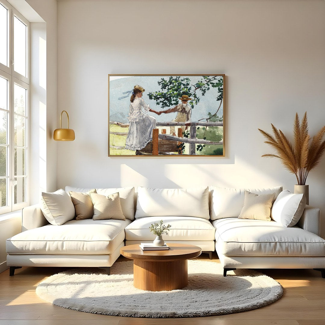 This serene watercolor captures a tender moment between two companions on a rustic fence, enveloped for Living Room