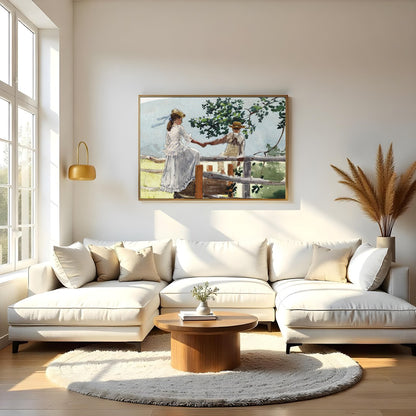 This serene watercolor captures a tender moment between two companions on a rustic fence, enveloped for Living Room