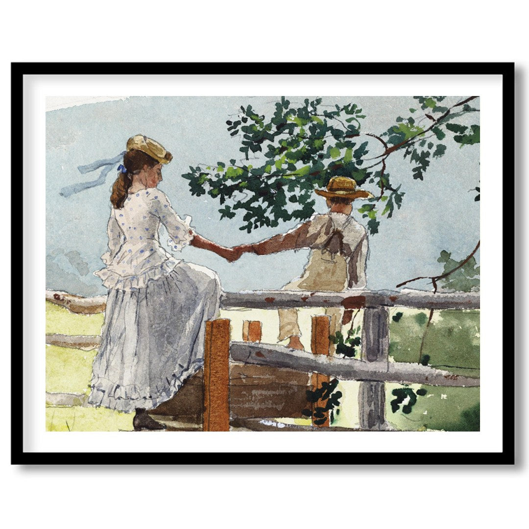 This serene watercolor captures a tender moment between two companions on a rustic fence, enveloped for office