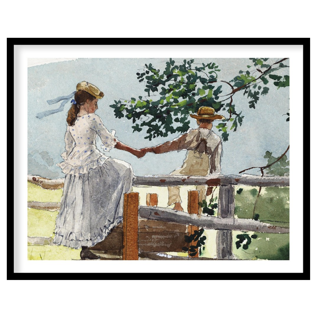This serene watercolor captures a tender moment between two companions on a rustic fence, enveloped for office