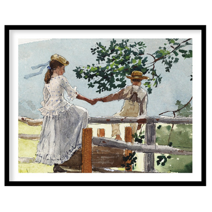 This serene watercolor captures a tender moment between two companions on a rustic fence, enveloped for office
