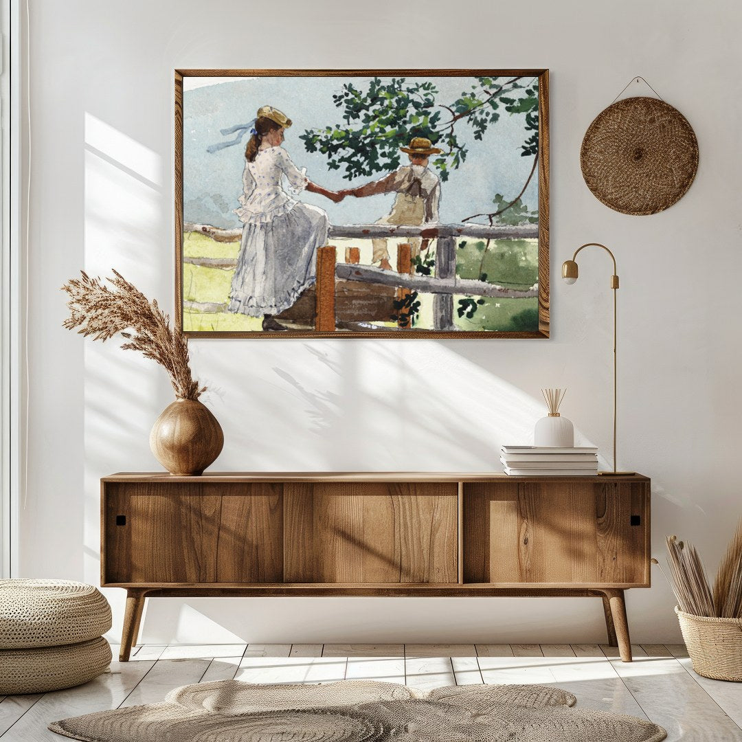 This serene watercolor captures a tender moment between two companions on a rustic fence, enveloped for Sitting Area