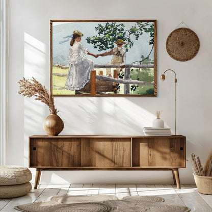This serene watercolor captures a tender moment between two companions on a rustic fence, enveloped for Sitting Area