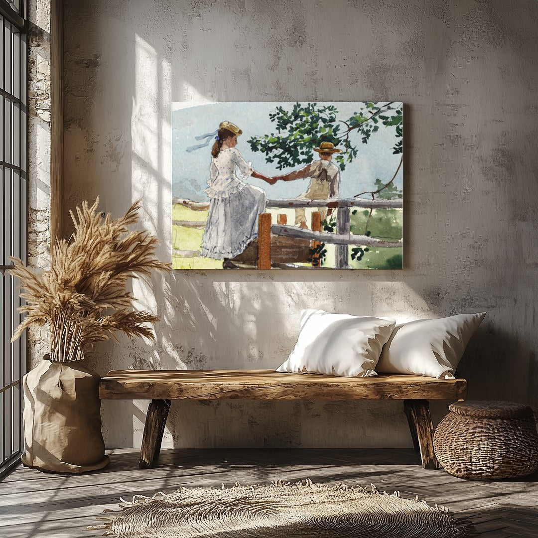 This serene watercolor captures a tender moment between two companions on a rustic fence, enveloped for Veranda