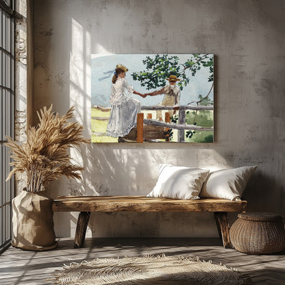 This serene watercolor captures a tender moment between two companions on a rustic fence, enveloped for Veranda