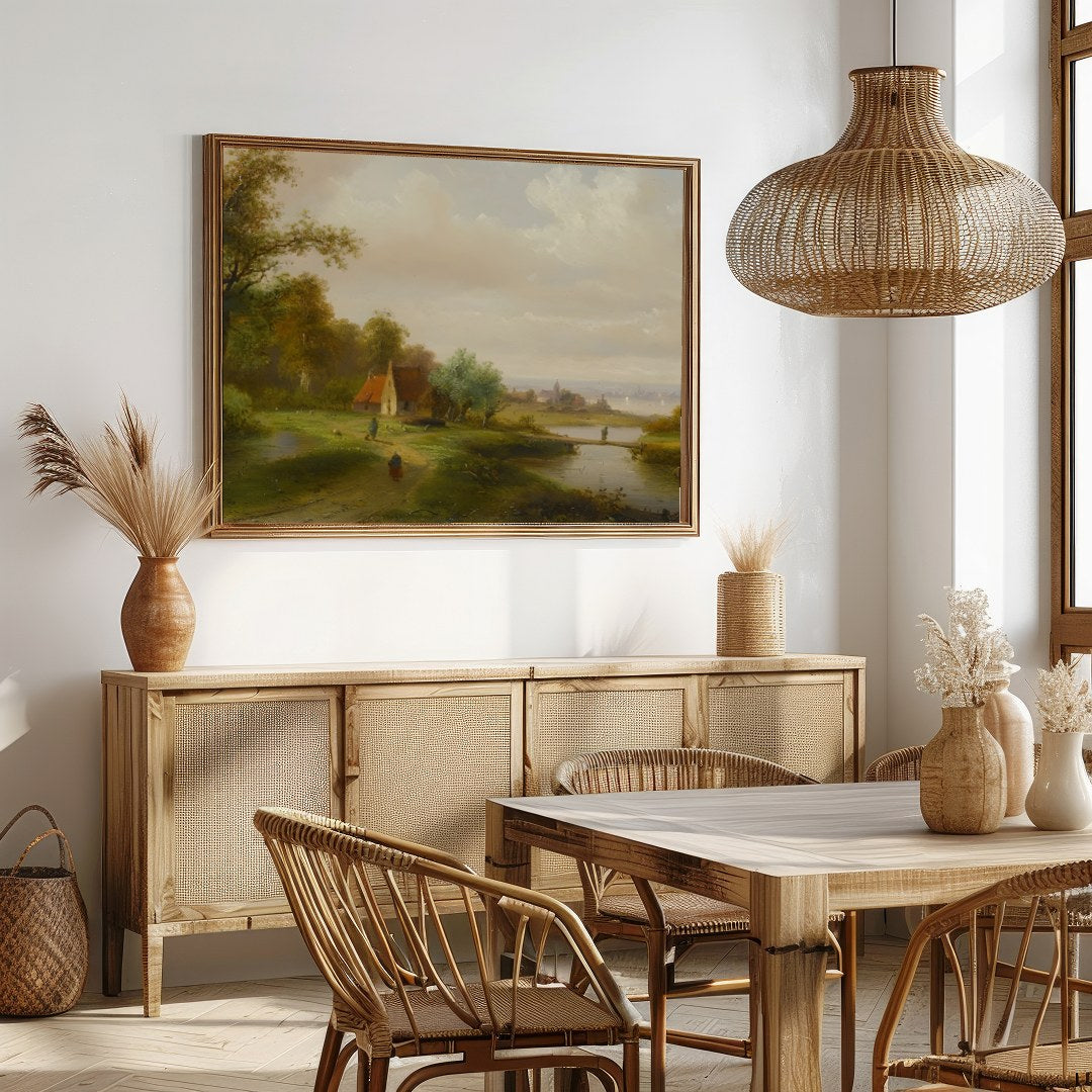 This serene landscape painting captures the tranquil beauty of a countryside river scene. With lush for Dining