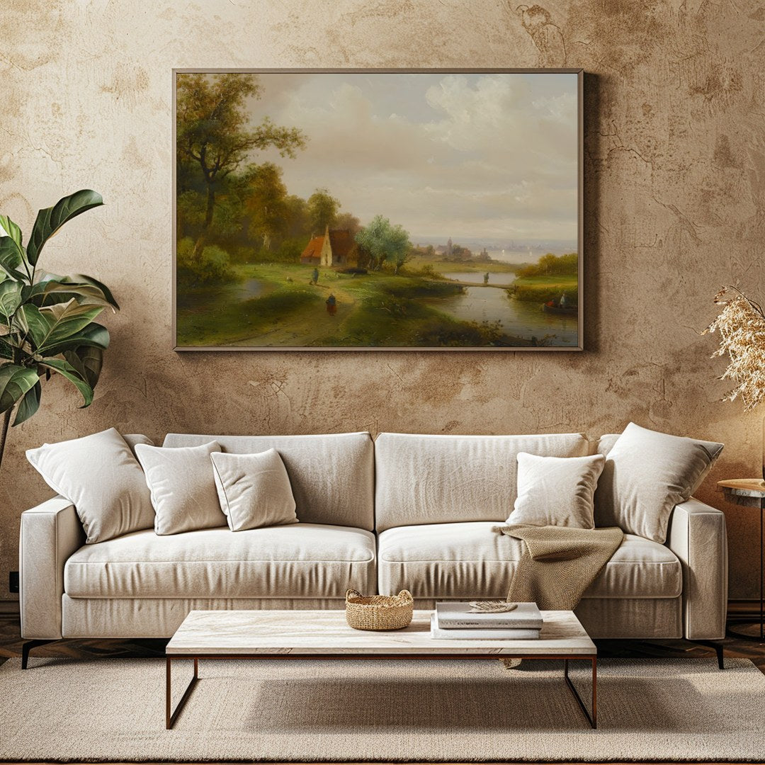 This serene landscape painting captures the tranquil beauty of a countryside river scene. With lush for Family Room
