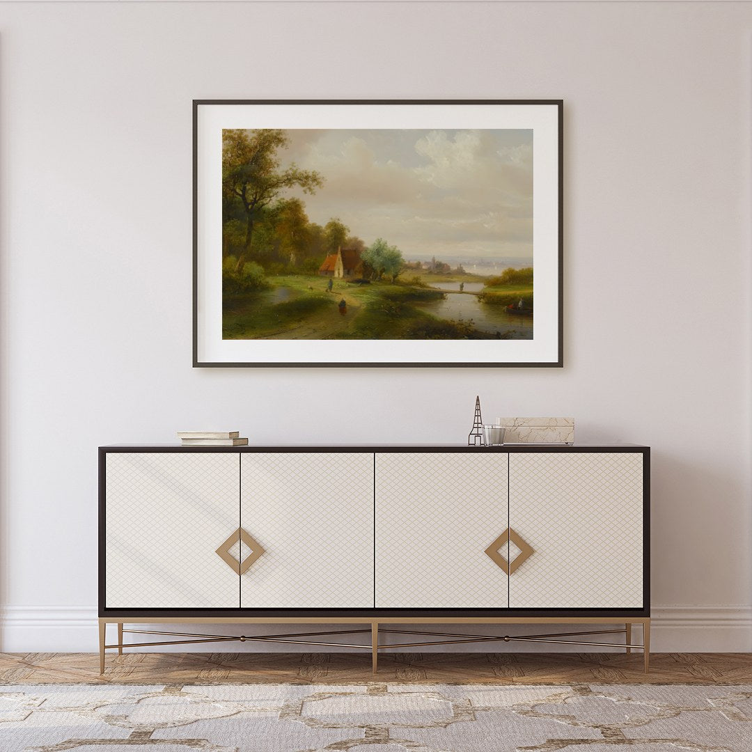 This serene landscape painting captures the tranquil beauty of a countryside river scene. With lush for Foyer