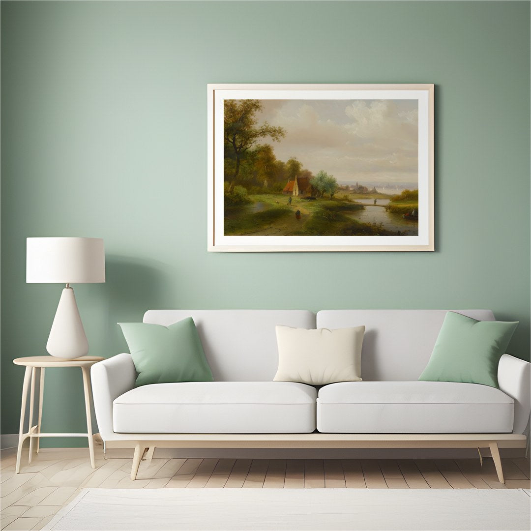 This serene landscape painting captures the tranquil beauty of a countryside river scene. With lush for Hall