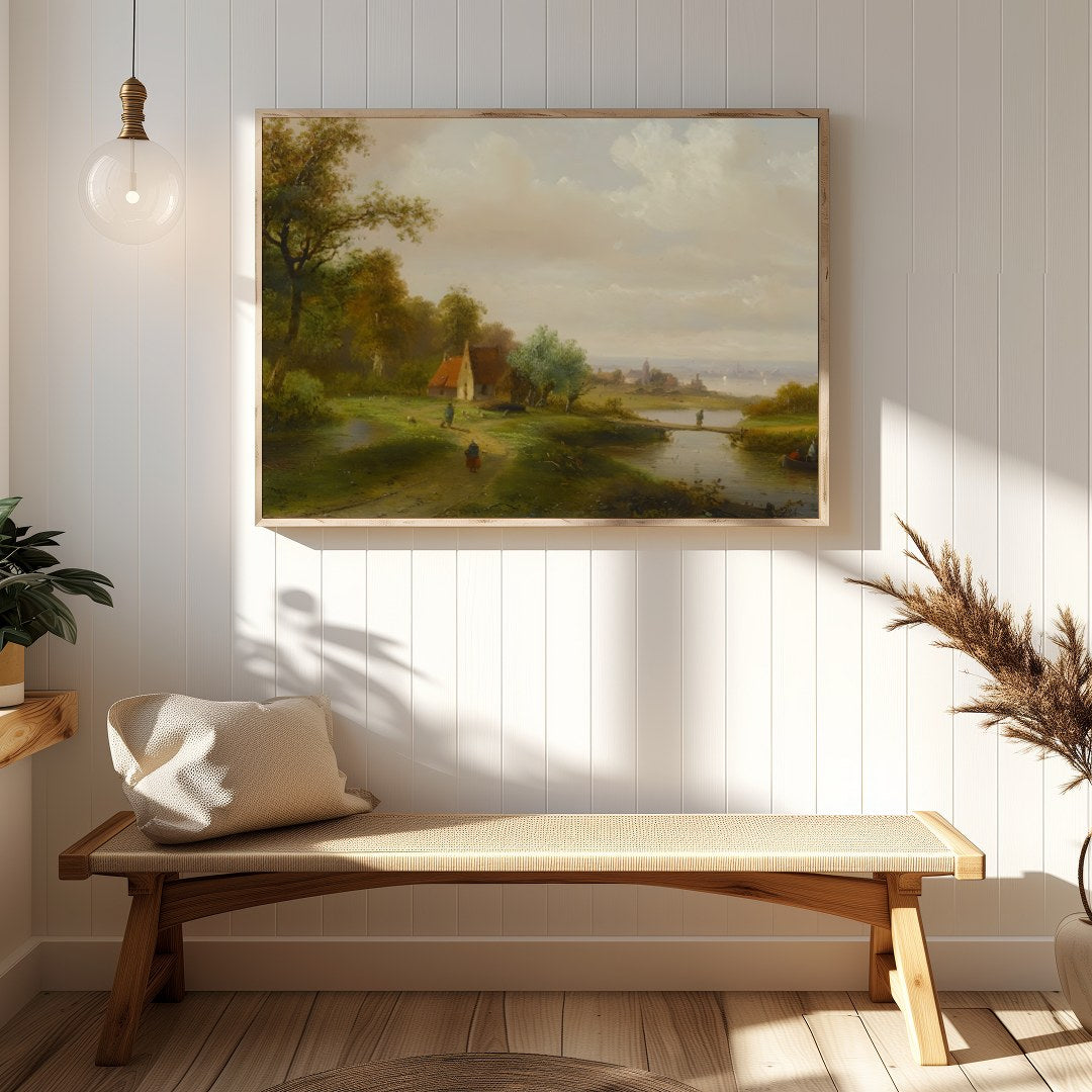 This serene landscape painting captures the tranquil beauty of a countryside river scene. With lush for Hallway