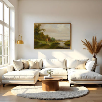 This serene landscape painting captures the tranquil beauty of a countryside river scene. With lush for Living Room
