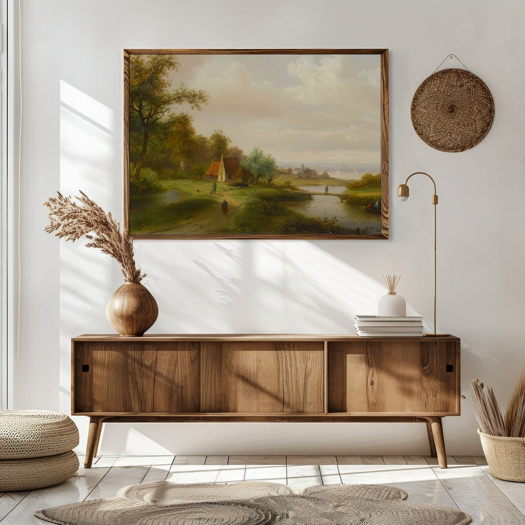 This serene landscape painting captures the tranquil beauty of a countryside river scene. With lush for Sitting Area