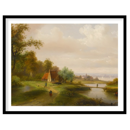 This serene landscape painting captures the tranquil beauty of a countryside river scene. With lush for sweet-home