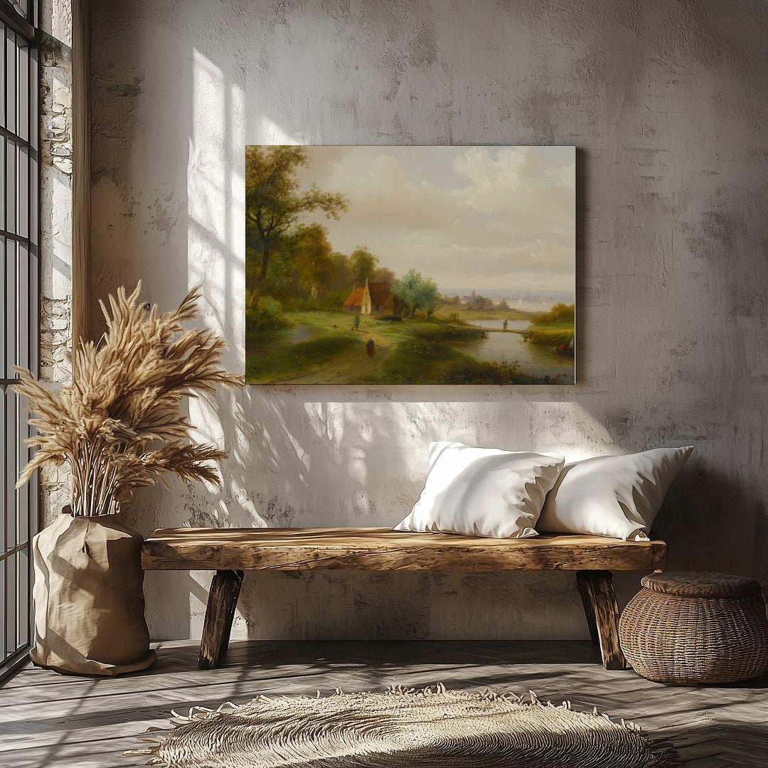 This serene landscape painting captures the tranquil beauty of a countryside river scene. With lush for Veranda
