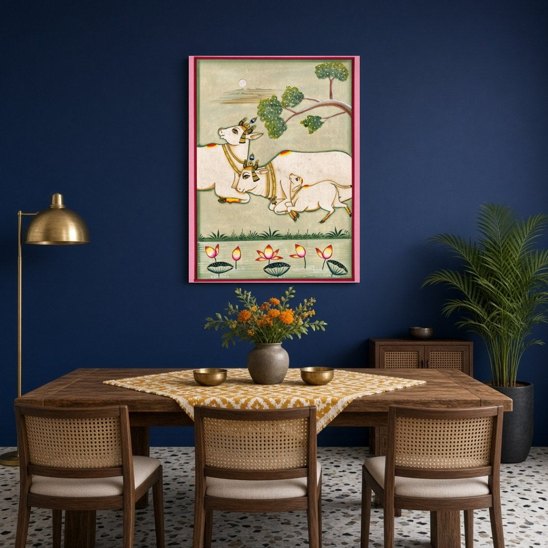 Immerse yourself in the serene beauty of Pichwai art with this exquisite depiction of Kamdhenu cows for Dining