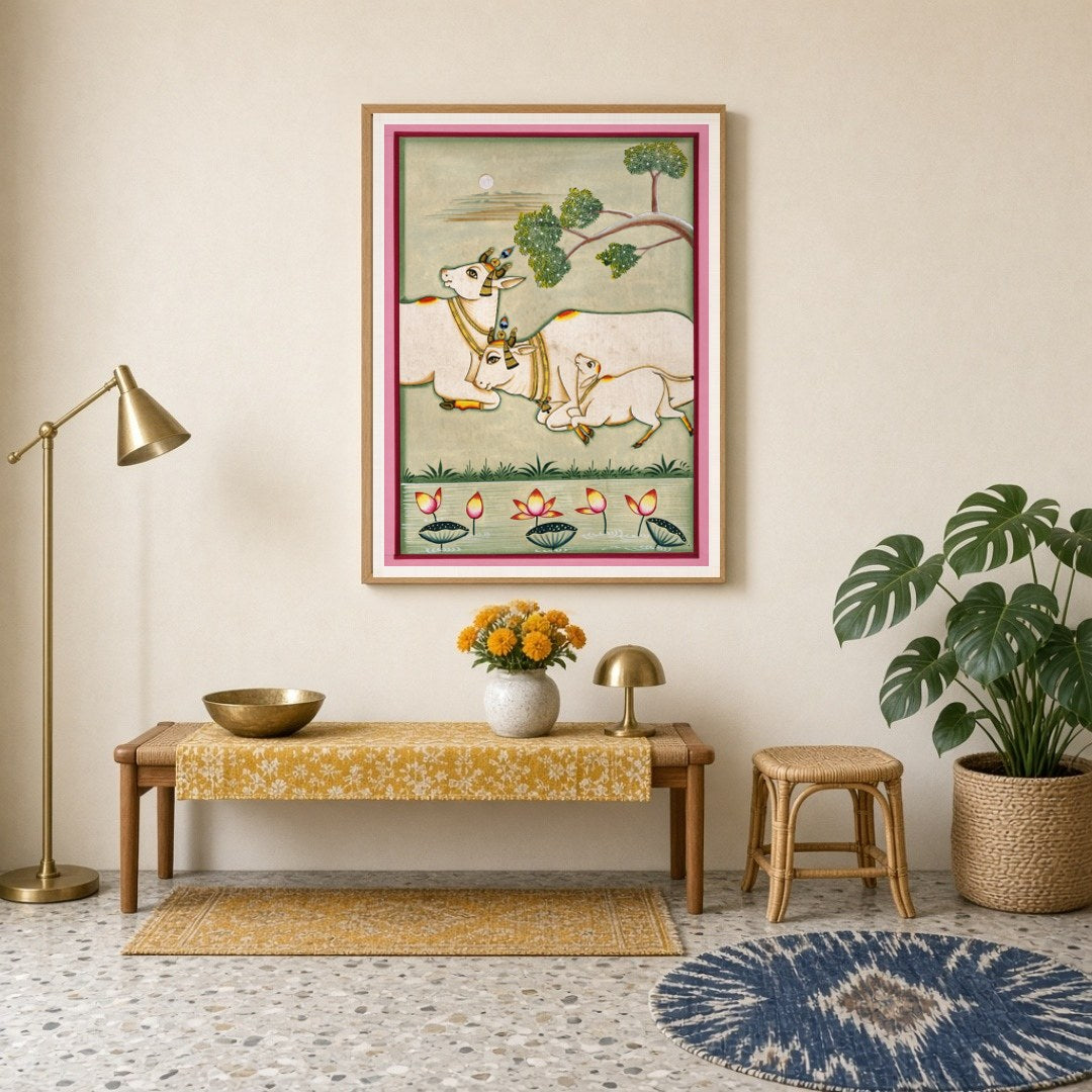 Immerse yourself in the serene beauty of Pichwai art with this exquisite depiction of Kamdhenu cows for Entrance