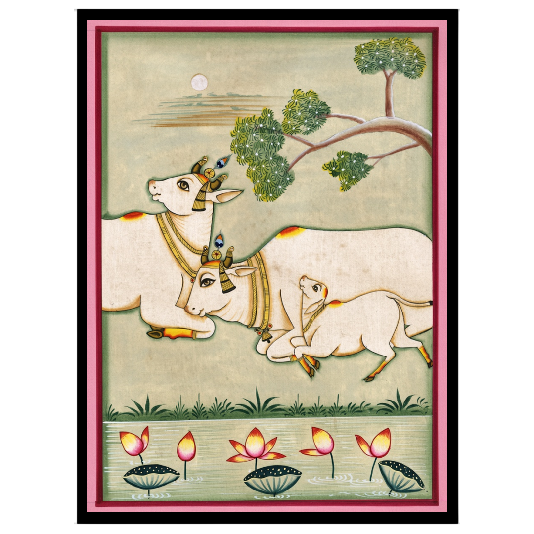 Immerse yourself in the serene beauty of Pichwai art with this exquisite depiction of Kamdhenu cows for hallway