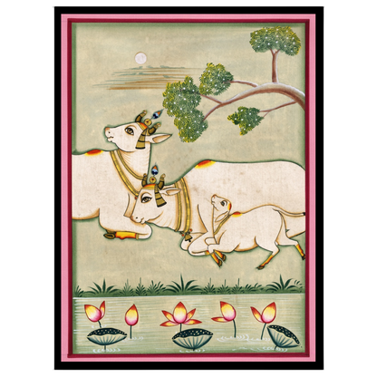 Immerse yourself in the serene beauty of Pichwai art with this exquisite depiction of Kamdhenu cows for hallway