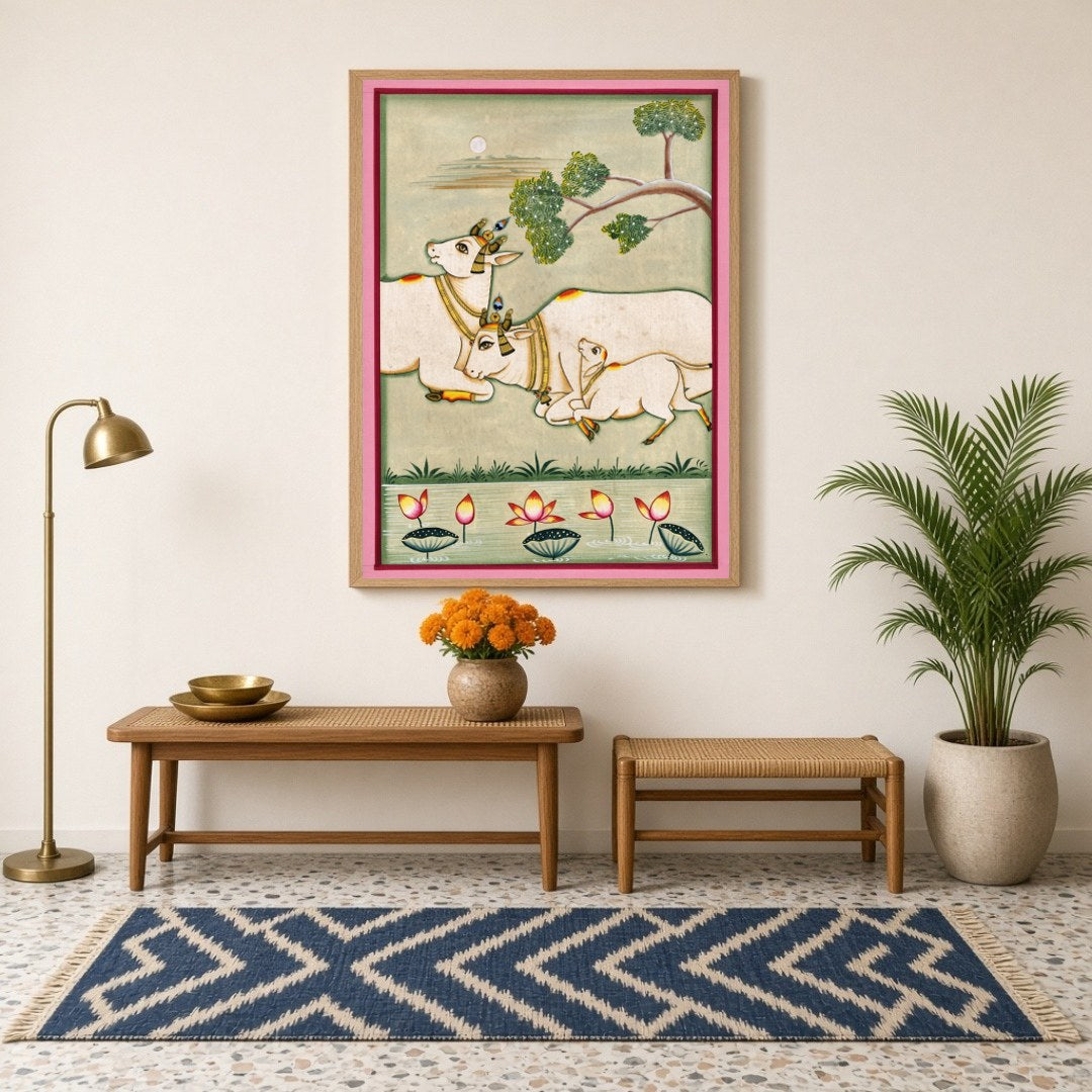 Immerse yourself in the serene beauty of Pichwai art with this exquisite depiction of Kamdhenu cows for haven