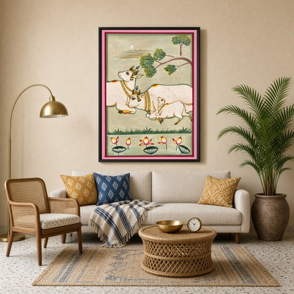 Immerse yourself in the serene beauty of Pichwai art with this exquisite depiction of Kamdhenu cows for Living Room
