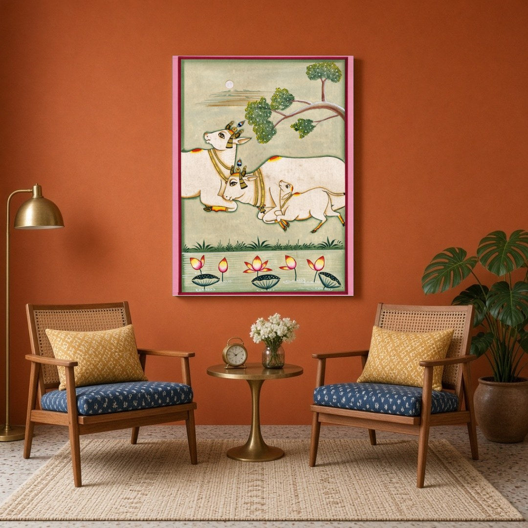 Immerse yourself in the serene beauty of Pichwai art with this exquisite depiction of Kamdhenu cows for Sitting Area