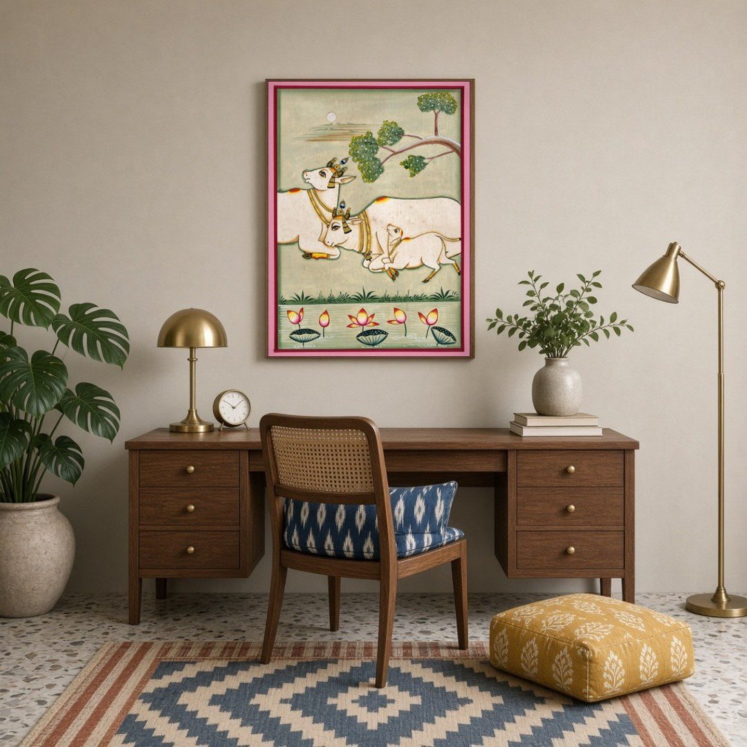 Immerse yourself in the serene beauty of Pichwai art with this exquisite depiction of Kamdhenu cows for Study