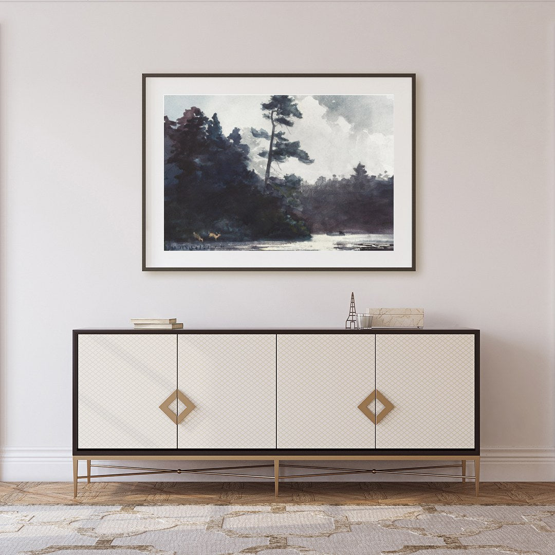 Indulge in the serene beauty of this watercolor landscape, capturing the calm essence of a forest for Foyer