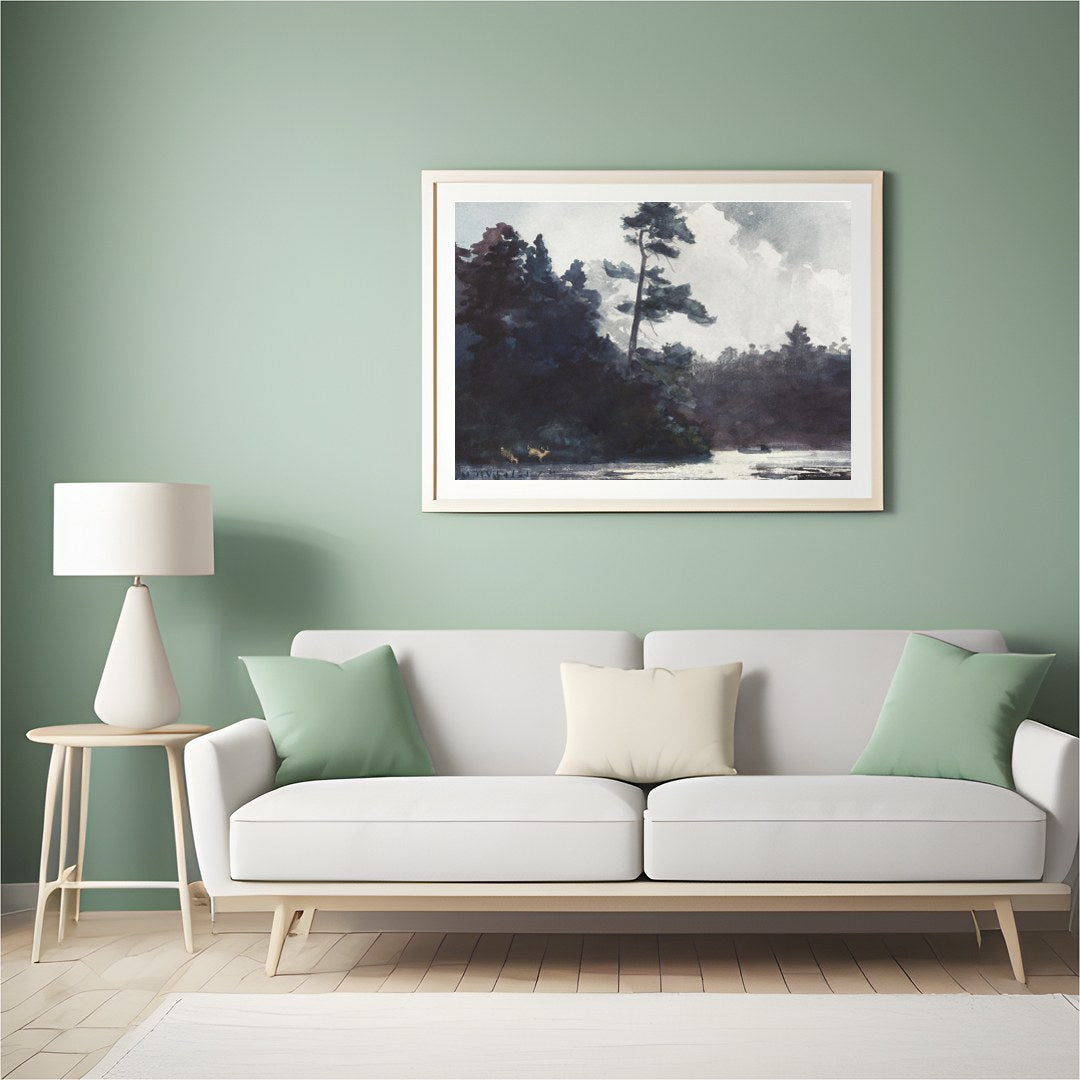 Indulge in the serene beauty of this watercolor landscape, capturing the calm essence of a forest for Hall