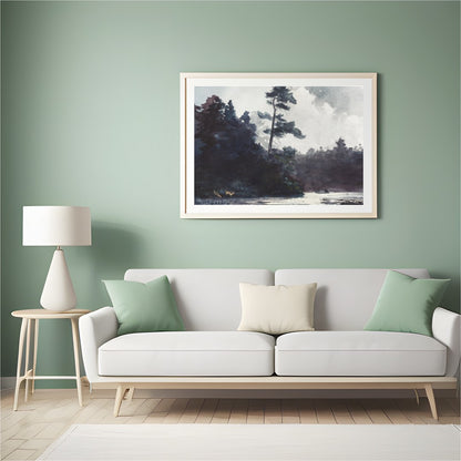 Indulge in the serene beauty of this watercolor landscape, capturing the calm essence of a forest for Hall