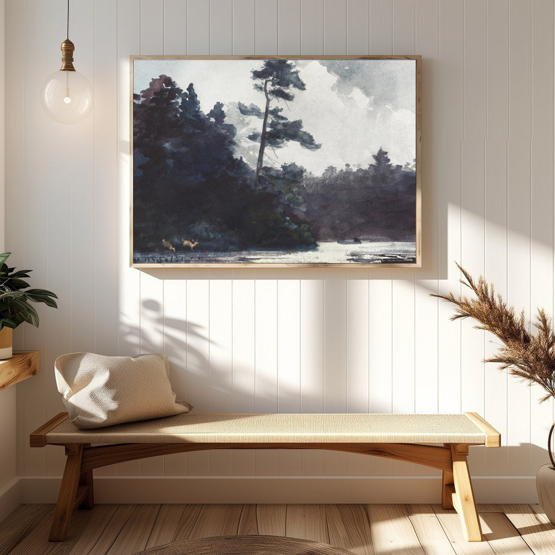 Indulge in the serene beauty of this watercolor landscape, capturing the calm essence of a forest for Hallway