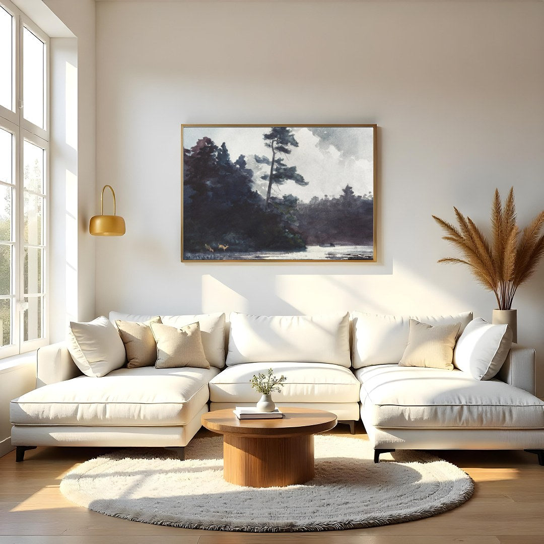 Indulge in the serene beauty of this watercolor landscape, capturing the calm essence of a forest for Living Room